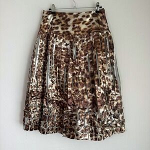 St. John Couture Leopard Print Fringe Pleated Midi Skirt Metallic Size M‎